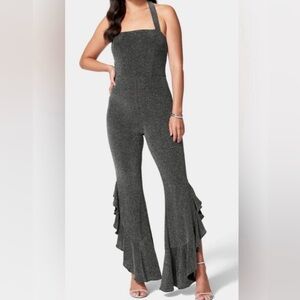 Bebe Gunmetal Halter Glitter Jumpsuit